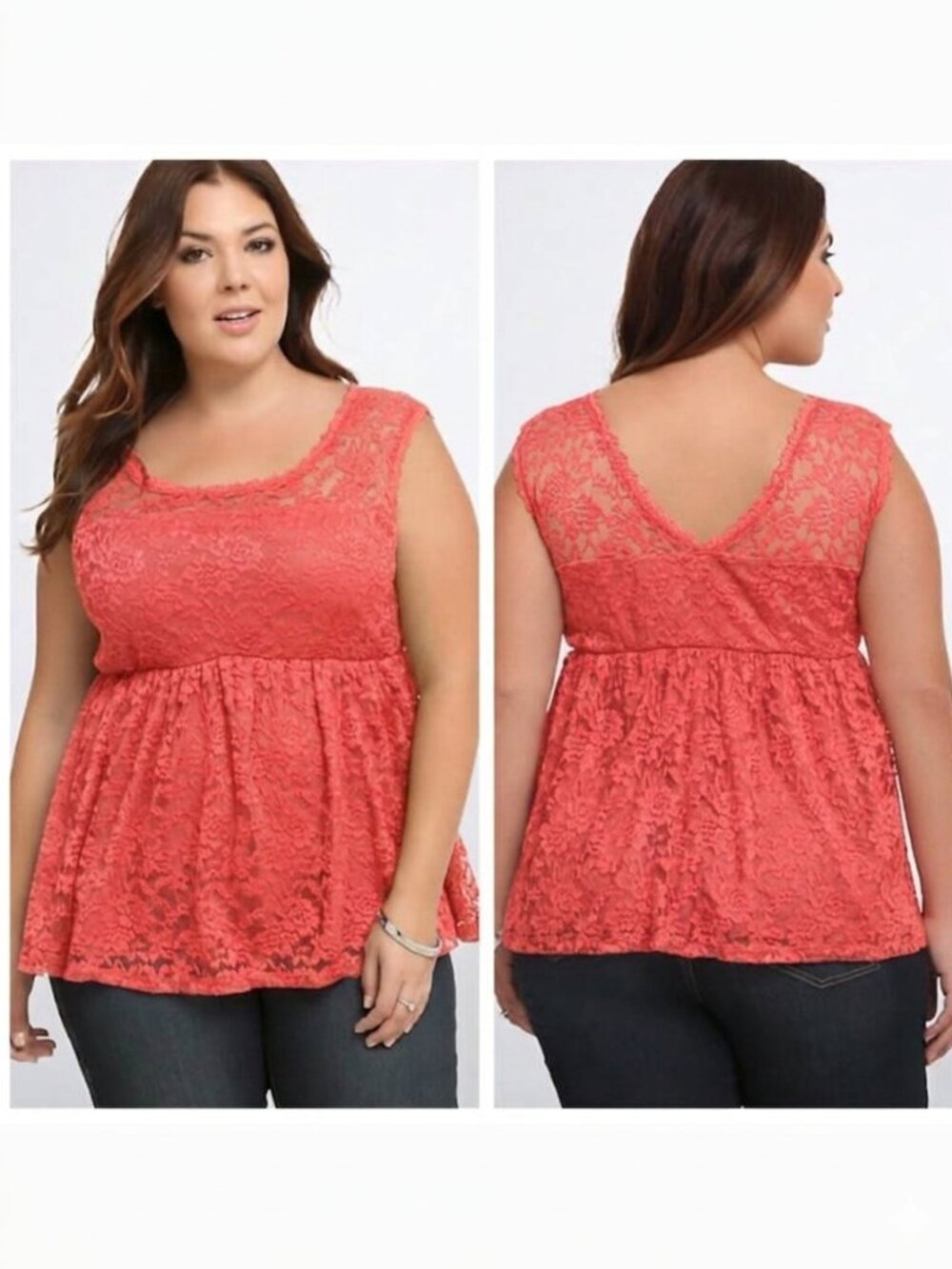 TORRID 1 Plus Size Lace Illusion Tank Top Coral Red Orange Sleeveless 2010s Boho